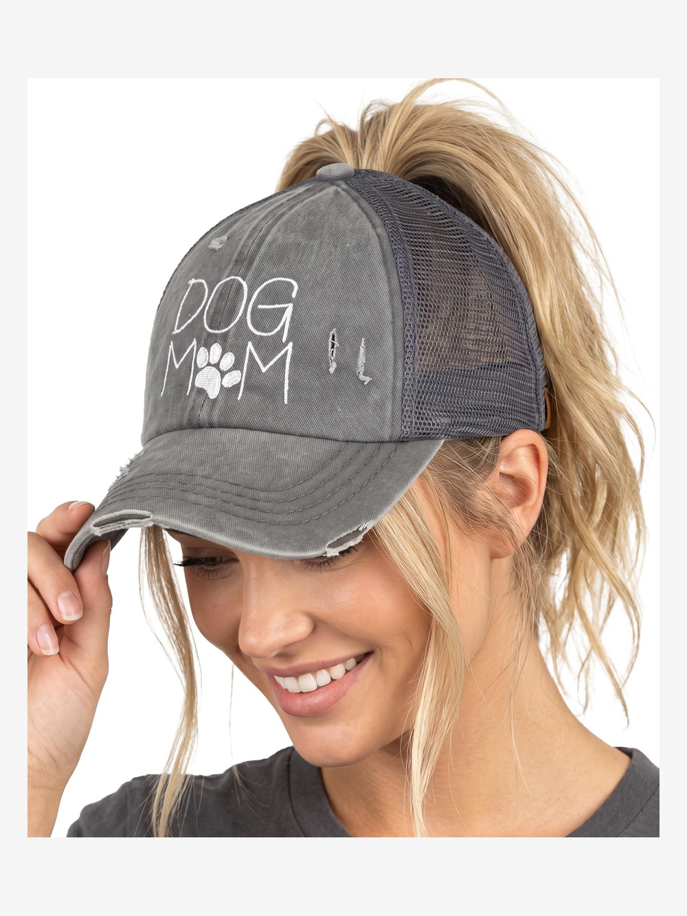 Criss Cross Ponytail Cap, Messy Bun Distressed Baseball | Gray, Black | Size OS